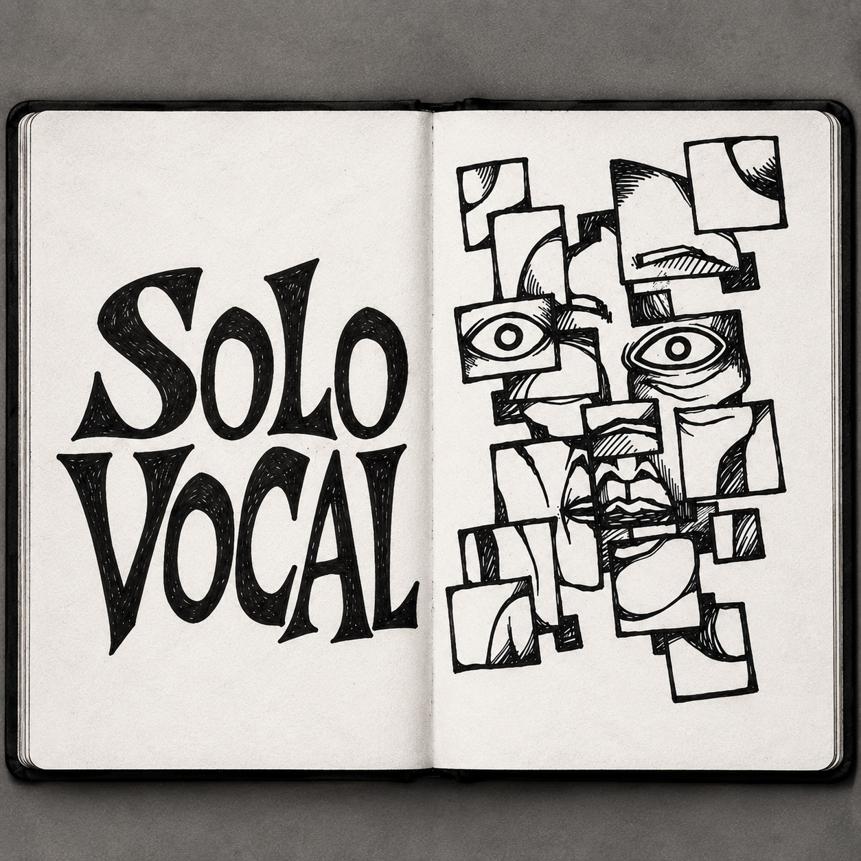 Cuaderno abierto con el título SOLO VOCAL y un rostro construido mediante fragmentos gráficos.