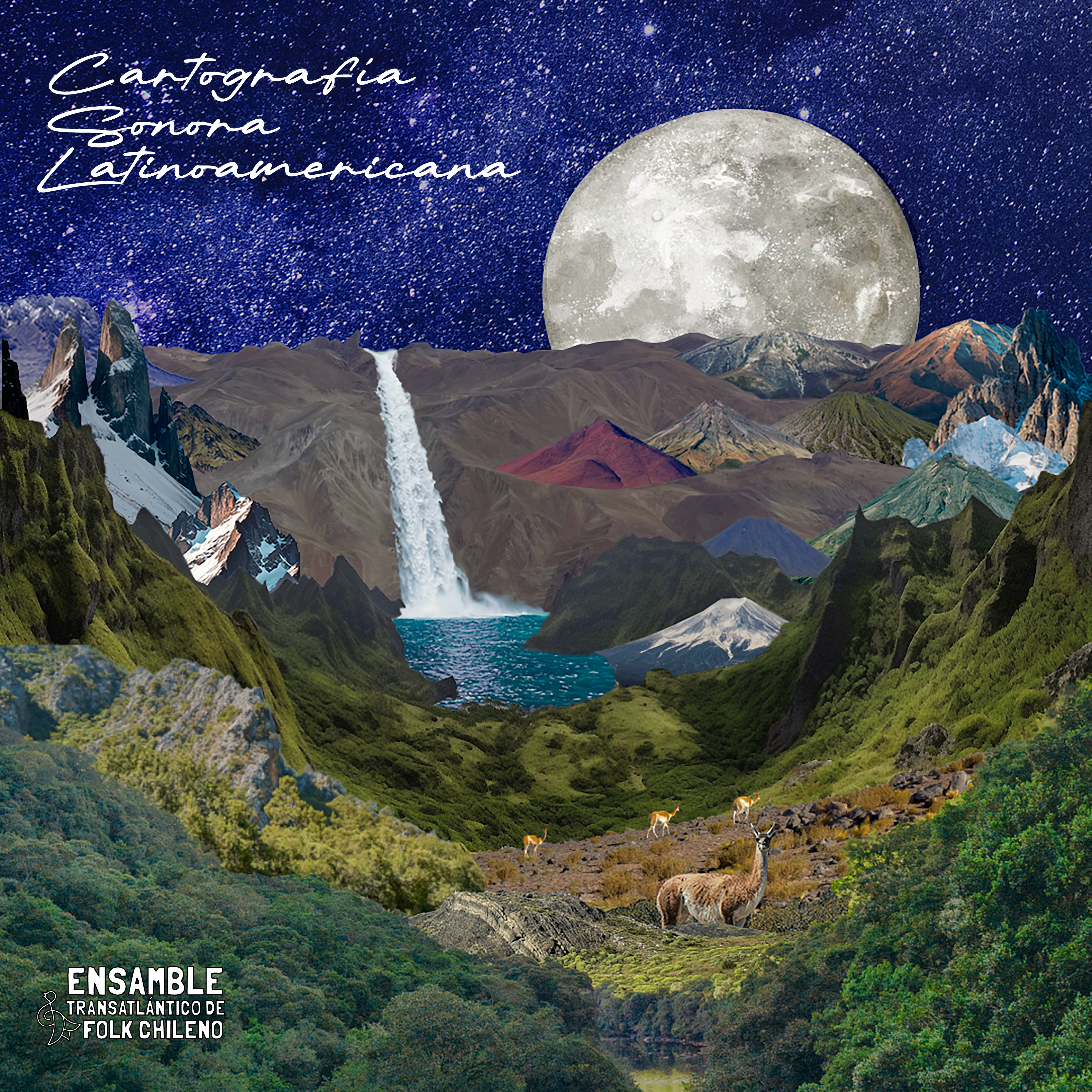 Collage de montañas, luna, agua y paisaje latinoamericano de Cartografía Sonora Latinoamericana.